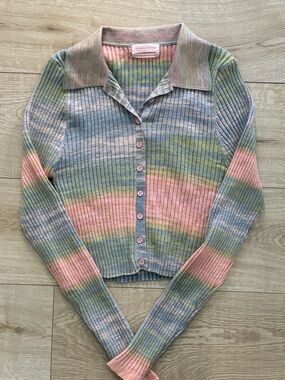 Urban Outfitters Y2K  Ribbed Button Front Pastel Stripe Sweater Collared Preppy